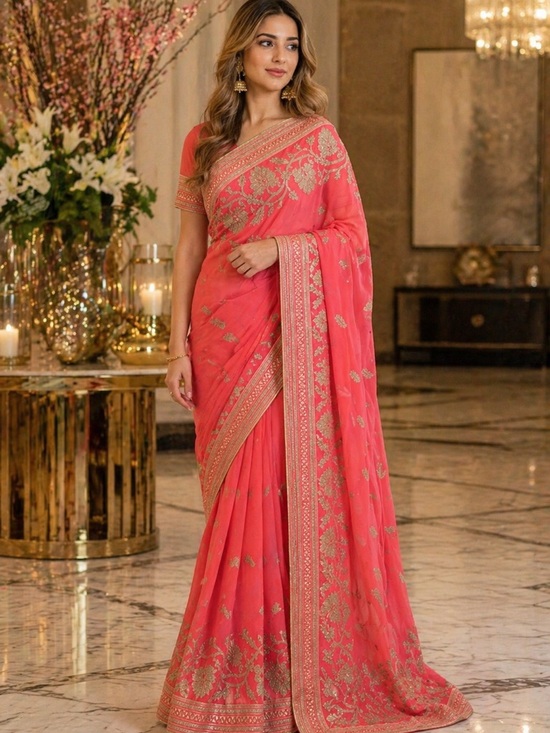 Other - NWT: Embroidered Coral Pink Saree with Gold Accents